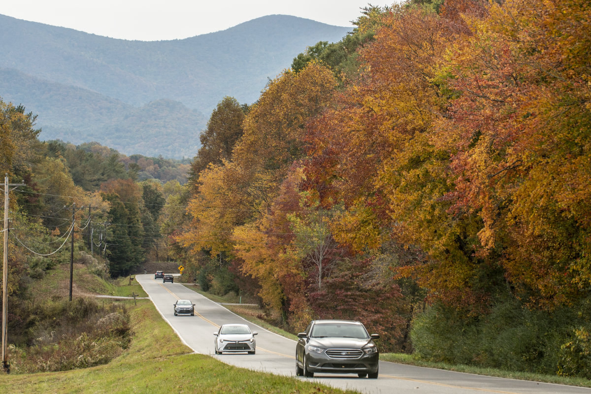 Scenic road through autumn foliage in Blairsville, Georgia