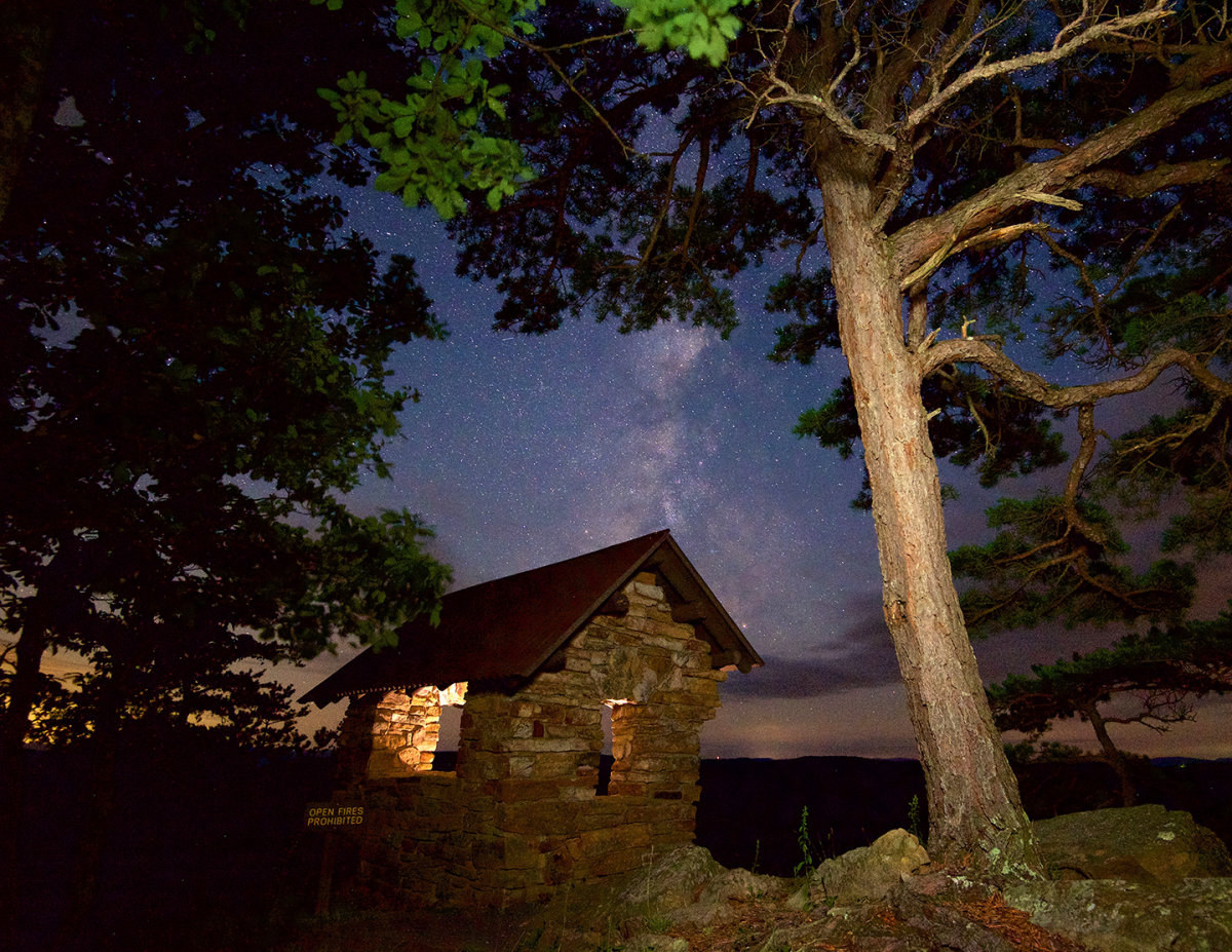 Cranny Crow shelter beneath the night sky in Hardy County, West Virginia